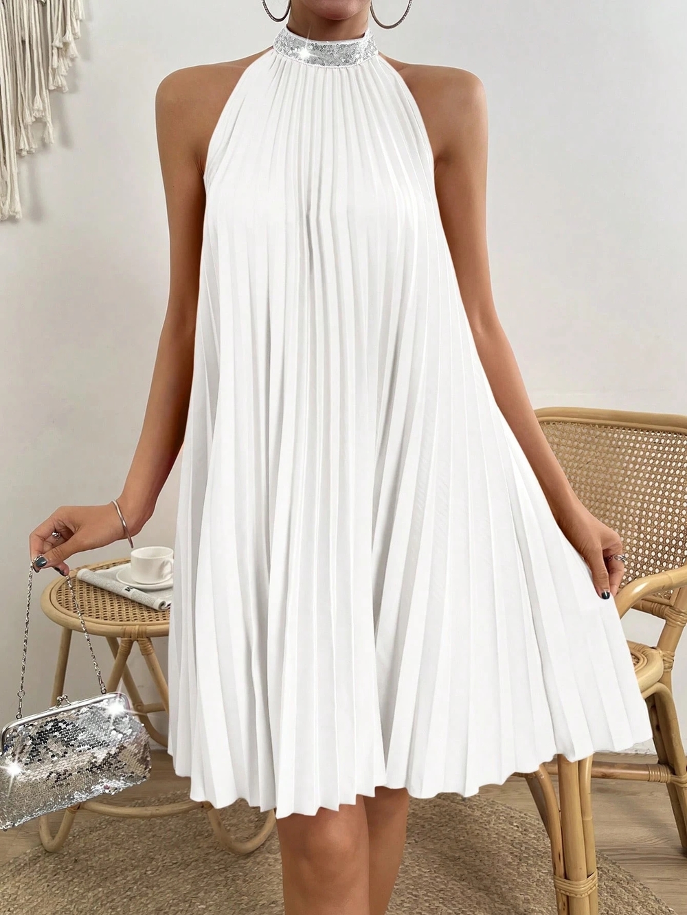 SHEIN White Pleated Halter Mini Dress with Silver Neckline